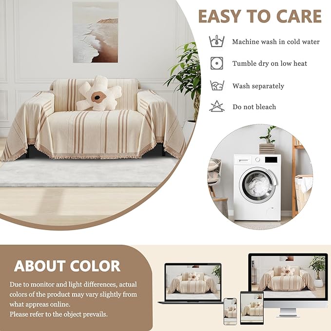 DREAMINGO Chenille Armchair Cover Jacquard Sofa Covers Washable Furniture Protector Recliner Couch Cover 1 Cushion Reversible Chair Cover Beige Coffee Striped Couch Cover Blanket 71"x 71"