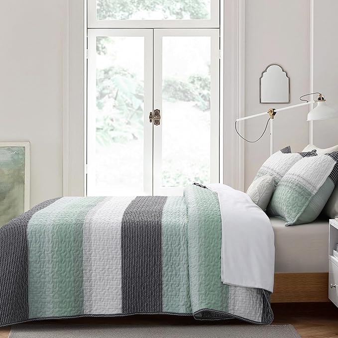 DURLENGEN Striped Quilt Set Queen Size 3Pcs, Bohemian Design with White & Mint Green & Blue & Grey Stripes, All Season Lightweight Bedspread Coverlet Sets(King 106x96,Mint Green)