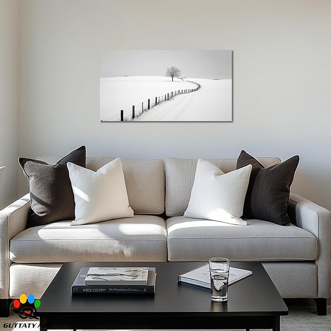 GUTTATY Christmas Winter Scene Canvas Wall Art, Snowy Farm Fence and Tree Pictures, Monochrome Print with Minimalist Artwork Style, Peaceful Posters for Living Room Bedroom Decor, 16x8 Inch