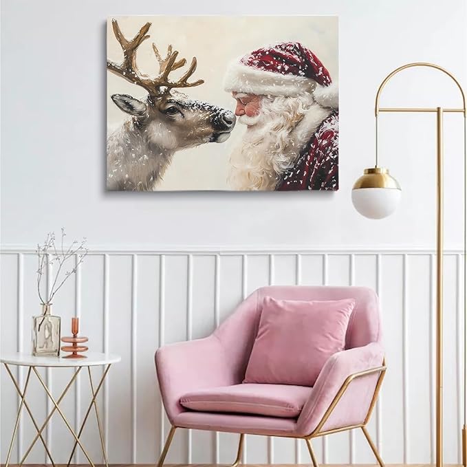 Retro Santa Wall Art Prints,Vintage Santa Reindeer Poster,Rustic Christmas Print,SantaClaus Painting,Winter Holiday Cottagecore Decor