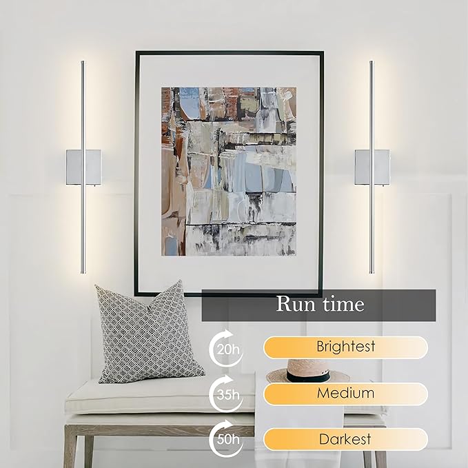 Battery Operated Wall Sconces with Remote Control, Dimmable Wall Sconces Set of Two, 350°Rotate, 3000K LED Chrome Wireless Wall Light for Living Room, Hallway, Bedroom, 24.4 Inch (2 Pack)