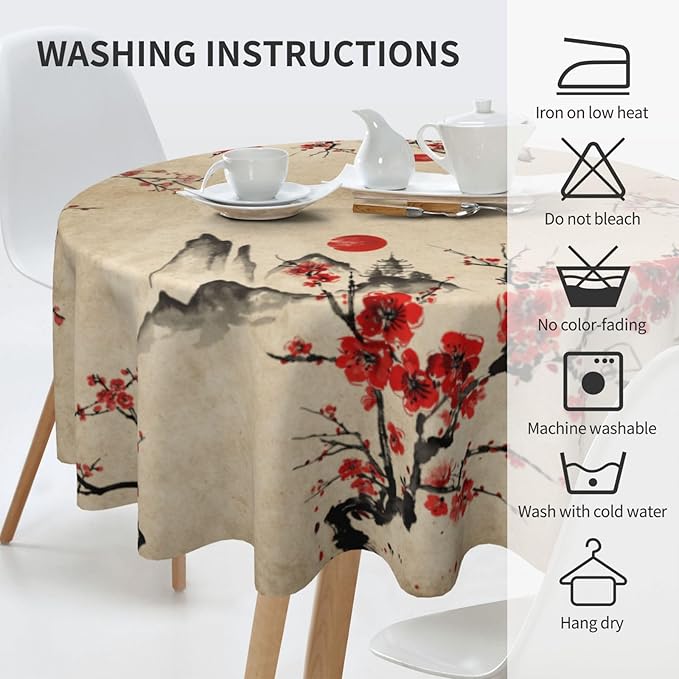 Cherry Blossom Tablecloth, Traditioanal Japanese Landscape Oriental Chinese Floral Vintage Water Resisitant Wipeable Table Cover for Dining Kitchen Living Room Home Party Holiday Decor 60 inch Round