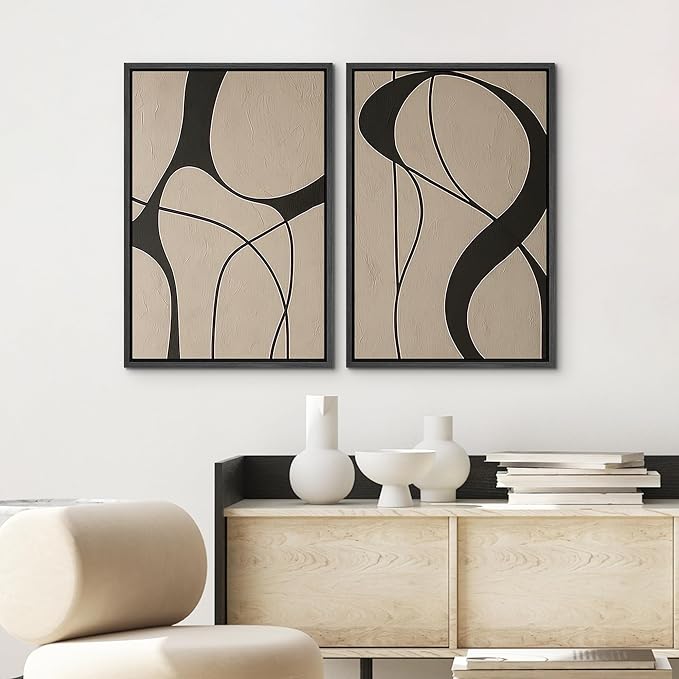 SIGNWIN Framed Canvas Print Wall Art Set Neutral Beige and Black Abstract Line Modern Minimalist Modern Art Minimal Boho Relax/Calm for Living Room, Bedroom, Office - 24"x36"x2 Black