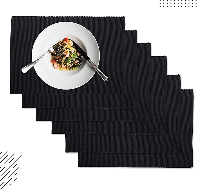 Encasa XO Dining Placemat Set of 6 | Solid Solid Black Color | Fine Ribbed Cotton Table mat | Size 19x13 in |for Dining Table Fall Decoration, Holiday & Christmas Festivals - Machine Washable