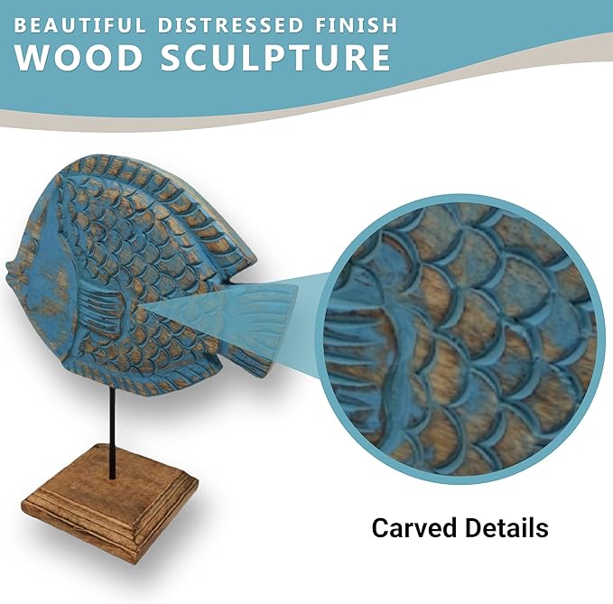 Farmhouse World Wooden Fish Sculpture Coastal Decor for Home | Handmade Fish Statue on Stand Sea Nautical Beach House Decor Art Piece | Rustic Table Shelf Decor for Office, Living Room (Puffer Fish)