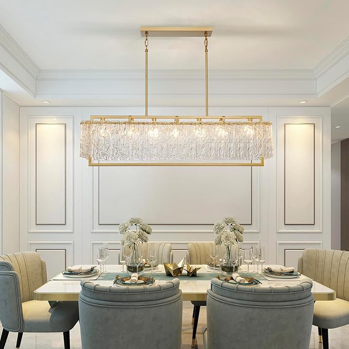 Shrine Lighting Gold Glass Chandeliers, Modern Design, Rectangular Chandelier for Living Space, L39.1'' × W10.2'' × H19.5'', Adjustable 50.8'', 7 x E12 Sockets, Glass LampShade & Brass Finish Frame