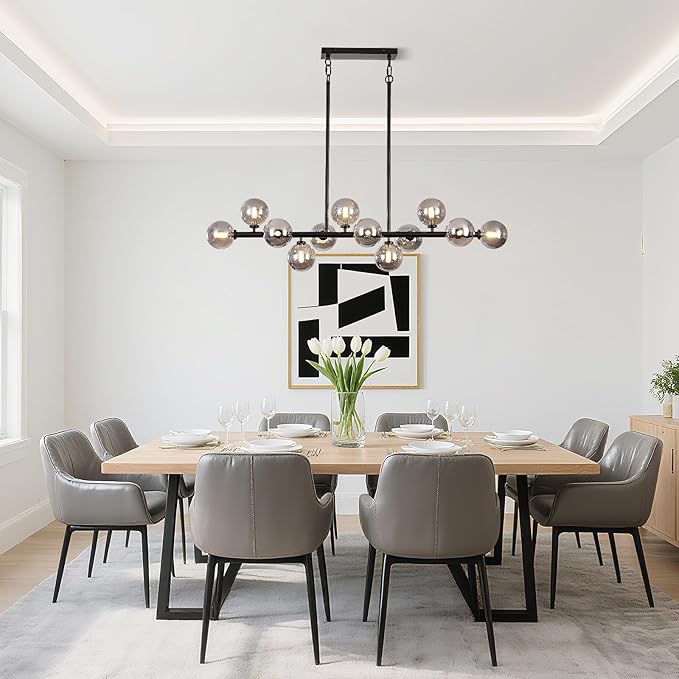 50 Inch Large Sputnik Globe Chandelier, 12-Light Mid Century Modern Light Fixture Over Table, Black Linear Chandeliers for Dining Room Kitchen Island Living (Smoke Grey Bubble Shades)