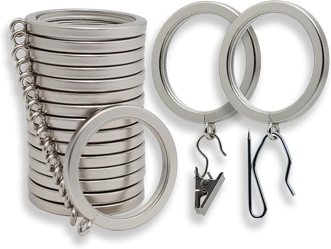 BlastHome® Luxury Curtain Rings – Premium Metal with Quiet, Smooth Nylon Inserts – Pinhooks and Clips Included – 1 1/2" Inside Diameter – 18 Rings for Two Standard Curtains– Brushed Nickel