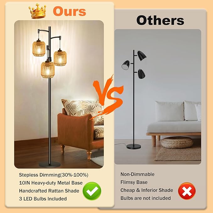 Boho Floor Lamps for Living Room, 65'' Dimmable Farmhouse Rattan Standing Lamp with LED Bulbs, 3 Light Tree Rustic Tall Lamps for Bedroom, Office, Rotary Switch