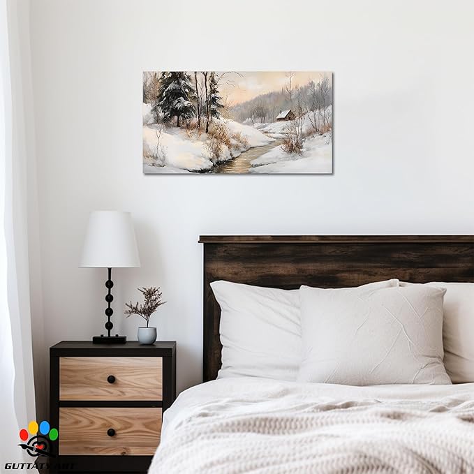 GUTTATY Christmas Winter Scene Canvas Wall Art, Snowy Landscape Wall Painting, Tranquil River Cabin Canvas Prints, Winter Poster Wall Decor for Living Room, Bedroom, Holiday Home, 40x20 Inch