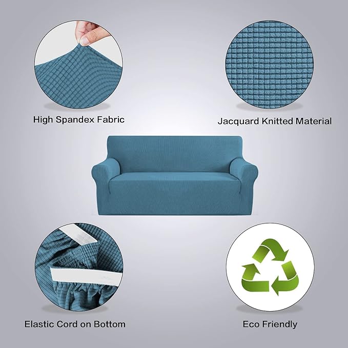 H.VERSAILTEX Stretch Oversized Sofa Cover 1 Piece Sofa Slipcovers for Living Room Fitted Couch Covers for Sofa Feature Thick Checked Jacquard Fabric with Elastic Bottom, Sofa X-Large - Dusty Blue