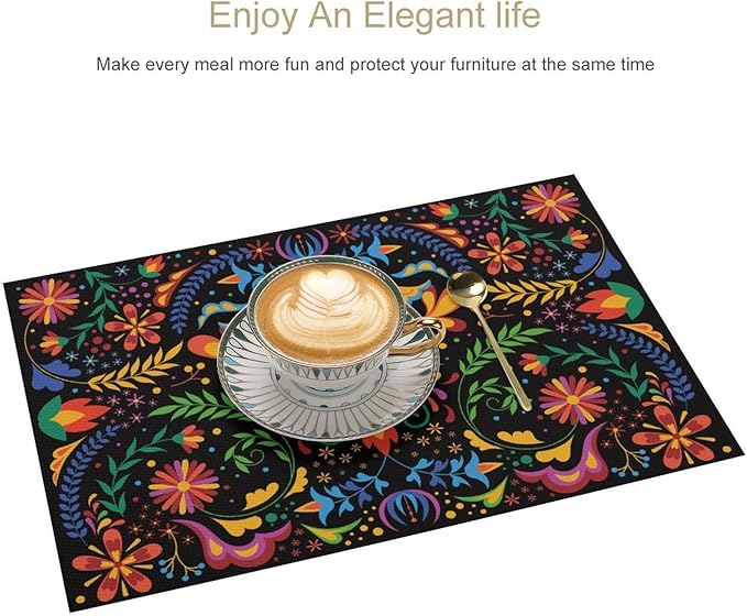 Mexican Floral Placemat Set of 6, 12x18 Inch Colorful Mexico Fiesta Birds Talavera Cinco De Mayo Dia De Los Muertos Day of The Dead Coffee Table Mats for Outdoor Kitchen Dining Table Decoration
