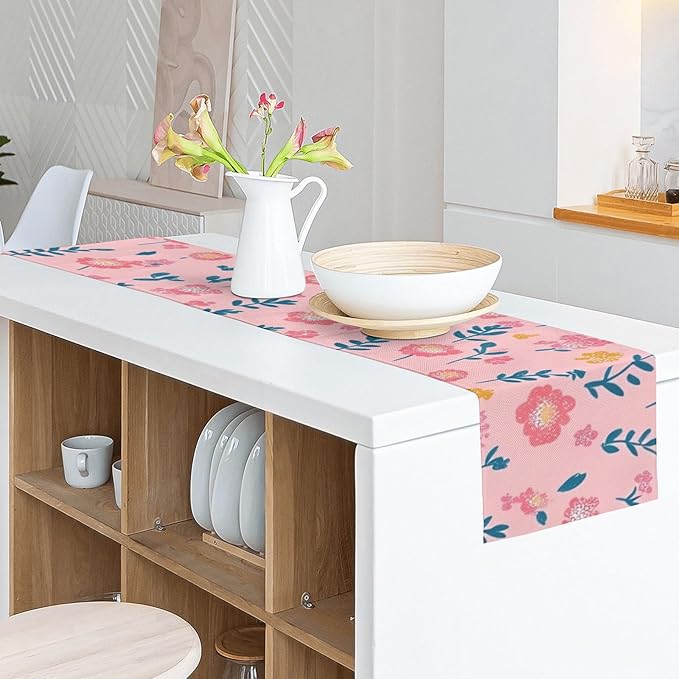 Pink Flower Table Runner 13x72 Inches Vintage Floral Faux Linen for Kitchen Dining Table Decor Wedding Birthday Party Holiday Celebration