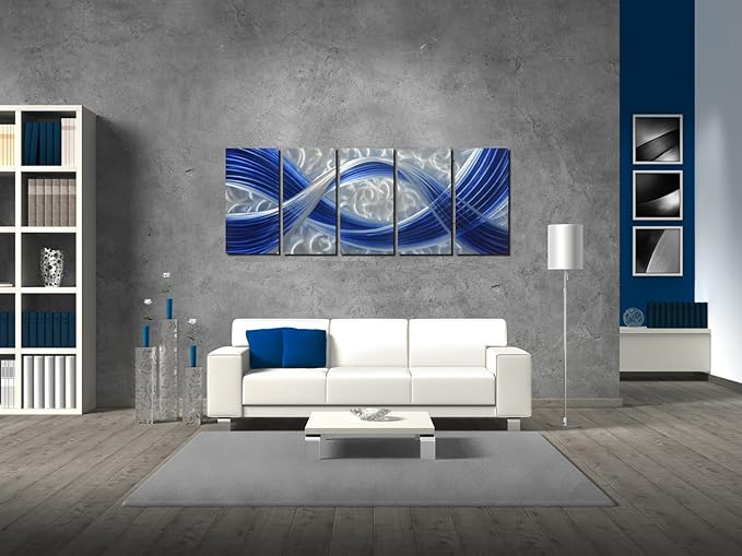 Metal Wall Sculpture with Dark Blue Line Silver Background, Aluminum Wall Art, Unique Metal Artwork, Abstract Metal Wall Art for Modern and Contemporary Decor, Indoor and Outdoor, 5-Panels 64" x 24"