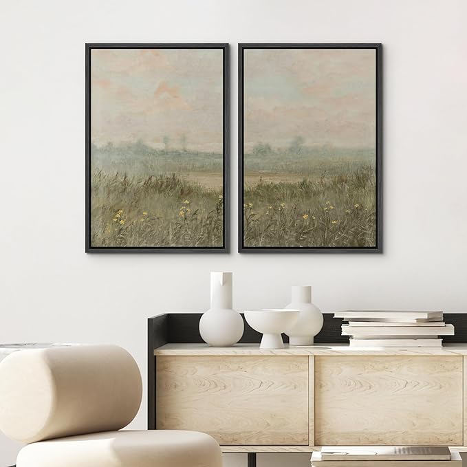 SIGNWIN Framed Wall Art Print Set Serene Meadow at Dawn Soft Impressionist Landscape Illustrations Minimal Decorative Nordic Zen Bohemian for Living Room, Bedroom, Office - 24"x36"x2 Black