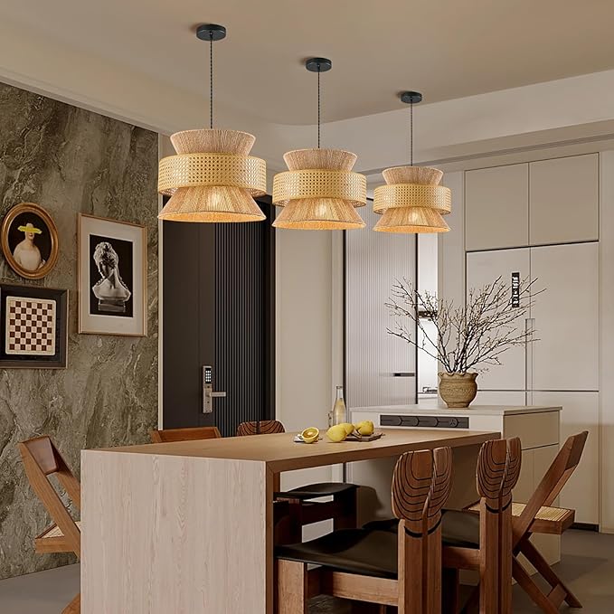 Rattan Pendant Light Fixture,Ceiling Bohemian Chandelier Rattan Flush Mount Hanging Light Fixture Woven Lamp Basket Chandelier for Kitchen Island Hallway Bedroom Dinning
