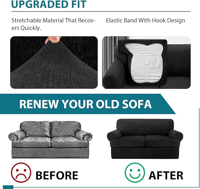 T Cushion Loveseat Slipcover 3 Pieces Sofa Covers for T Cushion Sofa Stretch Slip Covers for 2 Cushion Couch with 2 Individual T Shape Seat Covers (Black, 2 Cushion)