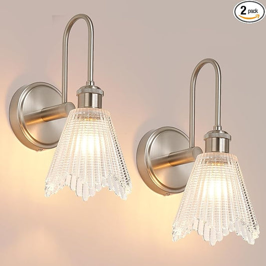Wall Sconce Set of 2, Nickel Vintage Light Fixtures with Long Clear Glass Lampshade, Hardwired Sconces Wall Lighting for Bedroom, Bathroom, Living Room | Includes 2 LED Bulbs
