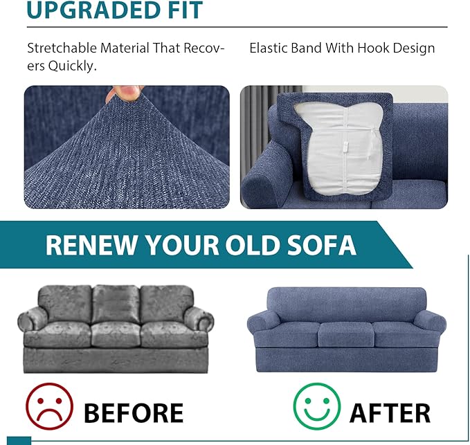 T Cushion Sofa Slipcover 4 Pieces Sofa Covers for T Cushion Couch Soft Sofa Slip Covers Furniture Protector with 3 Individual T Shape Seat Covers (Blue Gray, 3 Cushions)
