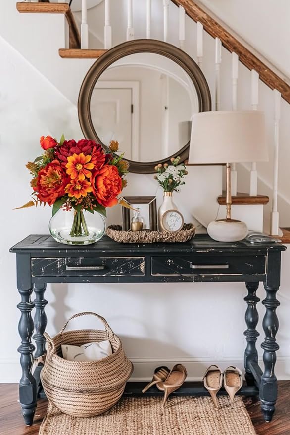 Fake Peony Flowers in Vase Fall Table Centerpiece Faux Floral Arrangement in Vase Autumn Artificial Flowres for Tables Orange Silk Flowers Arrangement