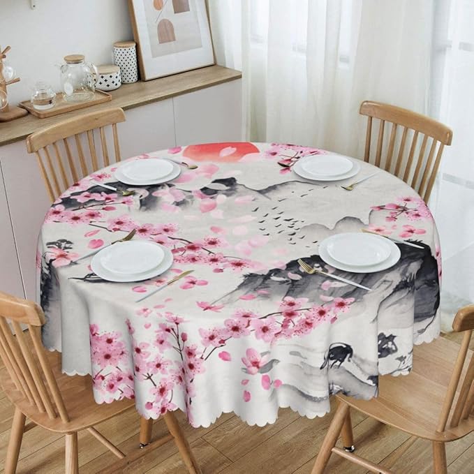 Japanese Tablecloth, Traditioanal Cherry Blossom Chinese Landscape Oriental Vintage Water Resisitant Wipeable Table Cover for Dining Kitchen Living Room Home Party Holiday Decor 60 inch Round