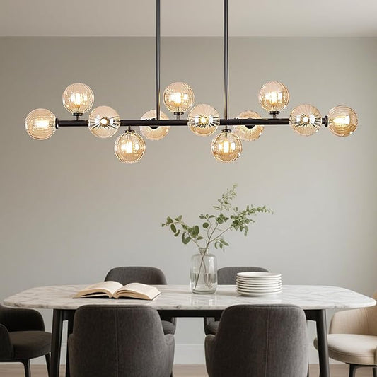 50 Inch Large Sputnik Globe Chandelier, 12-Light Mid Century Modern Light Fixture Over Table, Black Linear Chandeliers for Dining Room Kitchen Island Living (Amber Glass Bubble Shades)