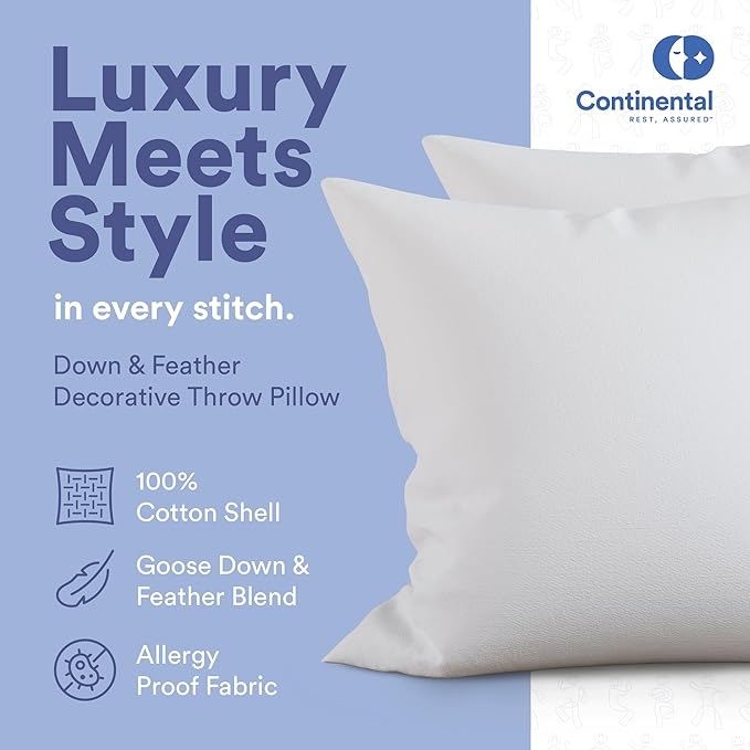 Continental Bedding | 10/90 Down and Feather Throw Pillow Insert | 100% Cotton 250TC Shell | Medium Loft Decorative Cushion | 24x24 | 1 Pack