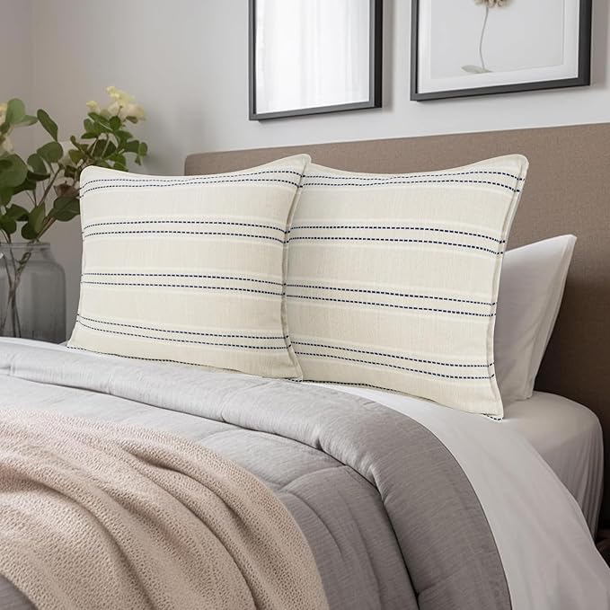 20X20 Decorative Farmhouse Linen Throw Pillow Covers, Boho Textured Pillow Case Set of 2,Beige with White & Blue Stitch Yarn Dyed Stripe Cushion Cover ,Modern Accent Square Pillowcase for Sofa Couch