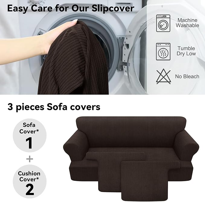 Waterproof Couch Cover 3-Piece Set Striped Sofa Slipcovers for 2 Separate T Cushion Couch - TPU Fabric Sofa Covers Leakproof Couch Protector for Kids, Pets(2 Cushion Sofa, Coffee)