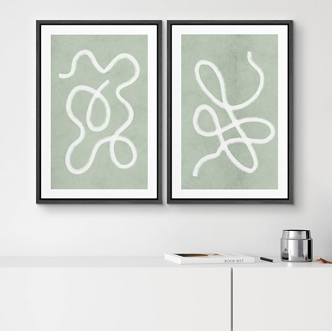 SIGNWIN Framed Wall Art Print Set White Line Over Contrasting Green Background Abstract Swirly Digital Art Modern Art Mid-Century Modern Expressive for Living Room, Bedroom, Office - 24"x36"x2 Black