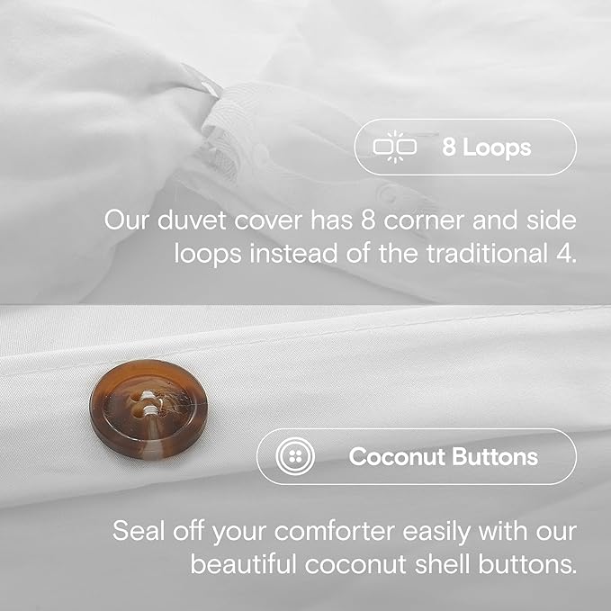 DOZ 100% Long Staple Cotton Duvet Cover Set, Soft Sateen Weave Cotton, Smooth, Breathable, Hotel Comfort, 90"x90", 8 Loops, 3pc – 2 Pillowcases 1 Duvet Cover (Snow, Full/Queen)