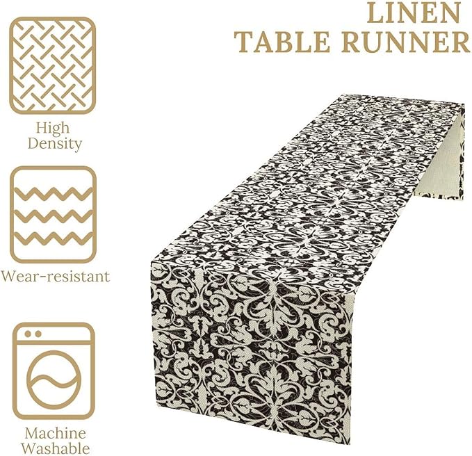 Black White Vintage Damask Table Runner Classic Retro Table Runner for Kitchen Dining Weddings Party Decor 13x108in
