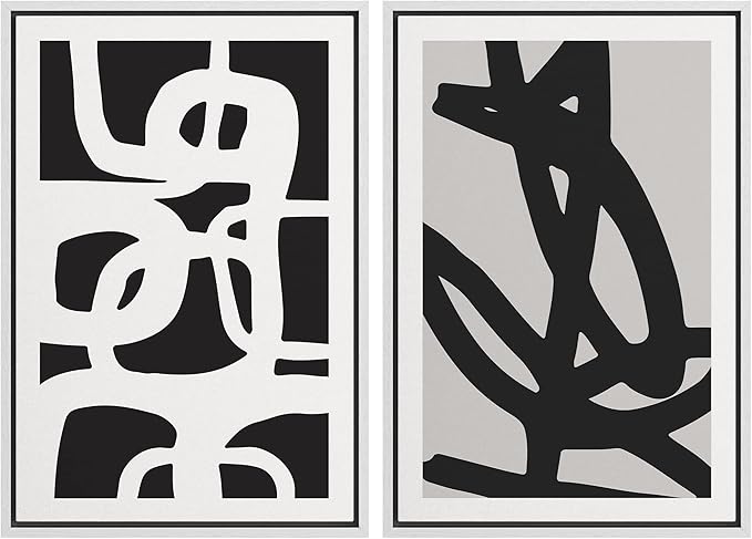 SIGNWIN Framed Canvas Print Wall Art Set Black White Geometric Dark Ring Collage Abstract Shapes Illustrations Modern Art Minimal Boho Relax/Calm for Living Room, Bedroom, Office - 16"x24"x2 White