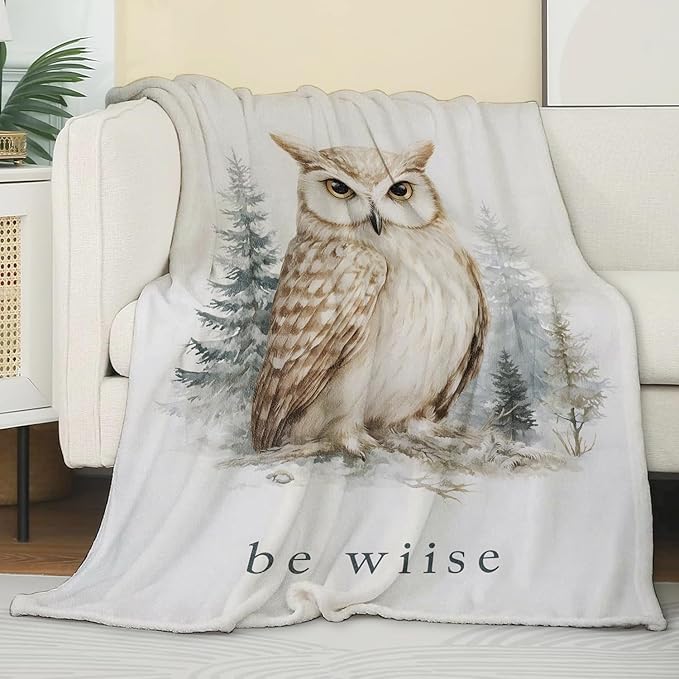 Watercolor Owl Blanket,Inspirational Gifts for Animal Lovers,Soft Lightweight Flannel Throw Blankets,Realistic Bird Forest Throws Home Decor,for Camping Living Room Office,60x50inch