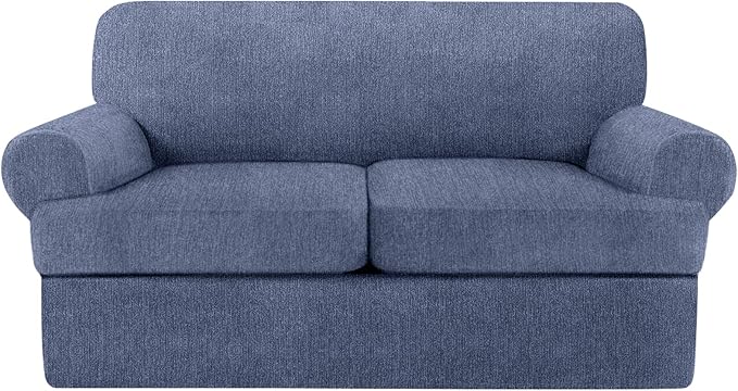 T Cushion Loveseat Slipcover 3 Pieces Sofa Covers for T Cushion Sofa Stretch Slip Covers for 2 Cushion Couch with 2 Individual T Shape Seat Covers (Blue Gray, 2 Cushion)
