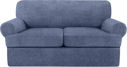 T Cushion Loveseat Slipcover 3 Pieces Sofa Covers for T Cushion Sofa Stretch Slip Covers for 2 Cushion Couch with 2 Individual T Shape Seat Covers (Blue Gray, 2 Cushion)