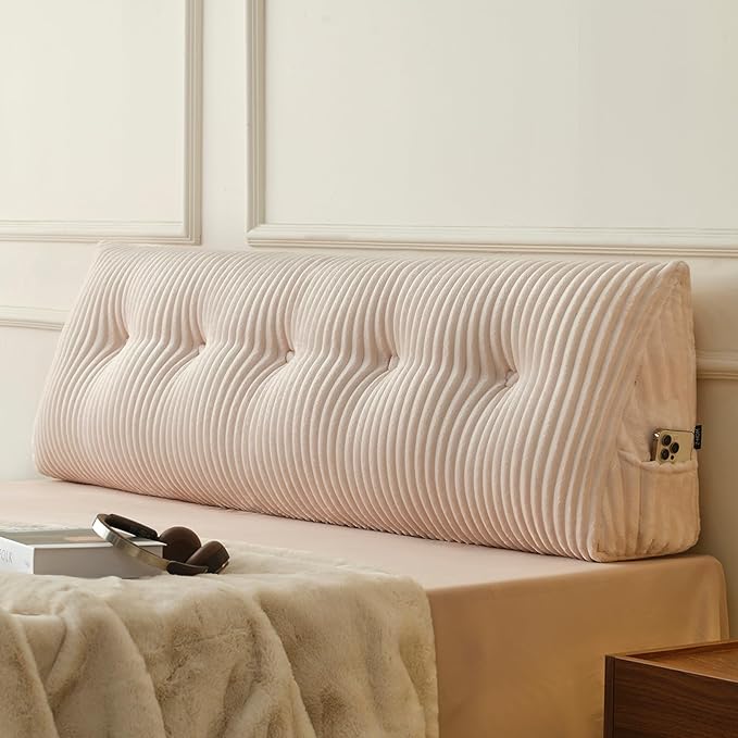 Z-hom Queen Headboard Pillow, Triangular Wedge Reading Pillow for Bed or Sofa, Ergonomic Backrest Cushion for Sitting Up, Reading or Relaxing, with Side Pocket，Removable Washable Cover,Beige Cream