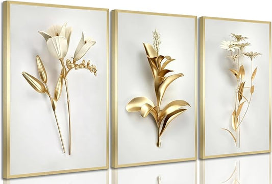 3Pcs Abstract Golden Flower Canvas Wall Art Modern Luxury Minimalism Nordic Floral Plant Painting Picture Wall Decor Poster Print Artwork for Living Room Bedroom Home Decoration Unframed