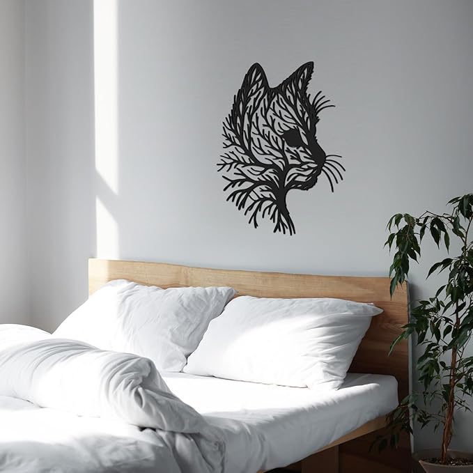 Otoolling Cat Tree Wall Art Silhouette Black Cat Wall Decor Metal Geometric Animal Art for Living Room Above TV Home Decoration, 10.2 x 10 Inch(Classic)