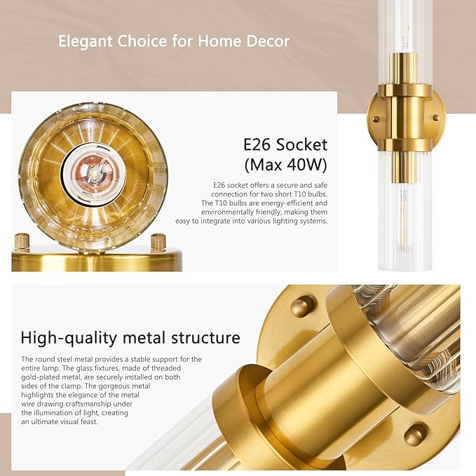 Gold Wall Sconces, 17.5 inch Modern Wall Sconces Lighting with Stripped Glass Shade, 2-Light Inch Gold Vanity Light Wall Lamp for Mirror Bathroom Kitchen Living Room