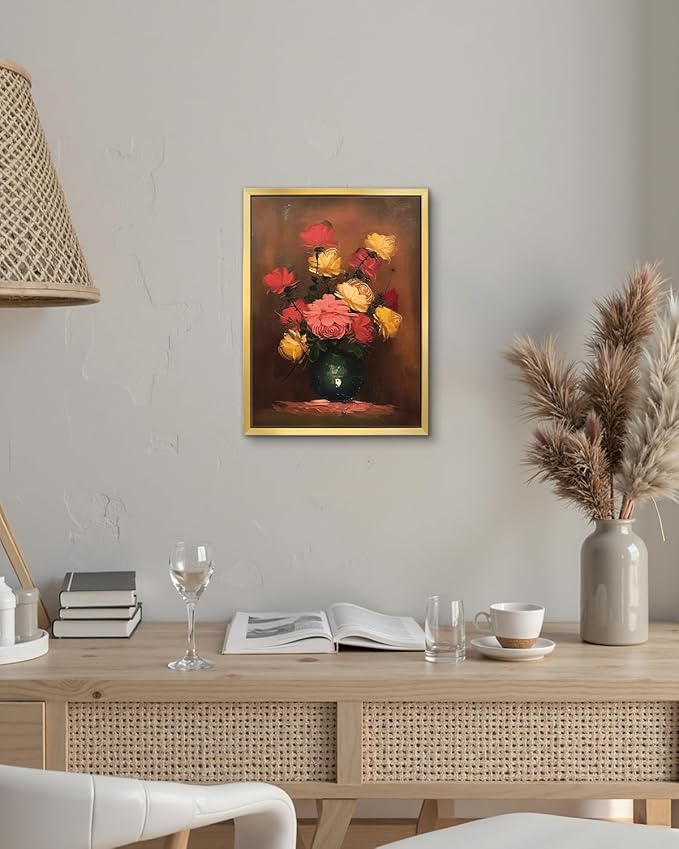 AIMAILON Vintage Gold Canvas Flower Wall Art, Aethestic Still of Life Wall Picture Decor, Artwrok for Walls Living Room Home Room Bedroom Decorations 12x16