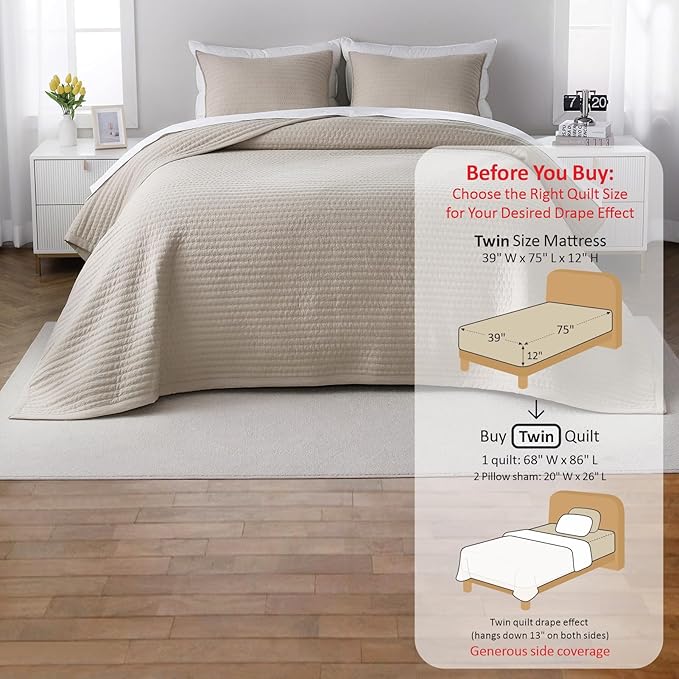 Twin Quilt Set – 68"x86" Soft Washed 3-Layer Lightweight Bedspread with Multi-Lock Quilting, Minimalist Nordic Bedding, All-Season Quilt Set for Spring & Summer (1 Quilt + 2 Pillow Shams), Oatmeal