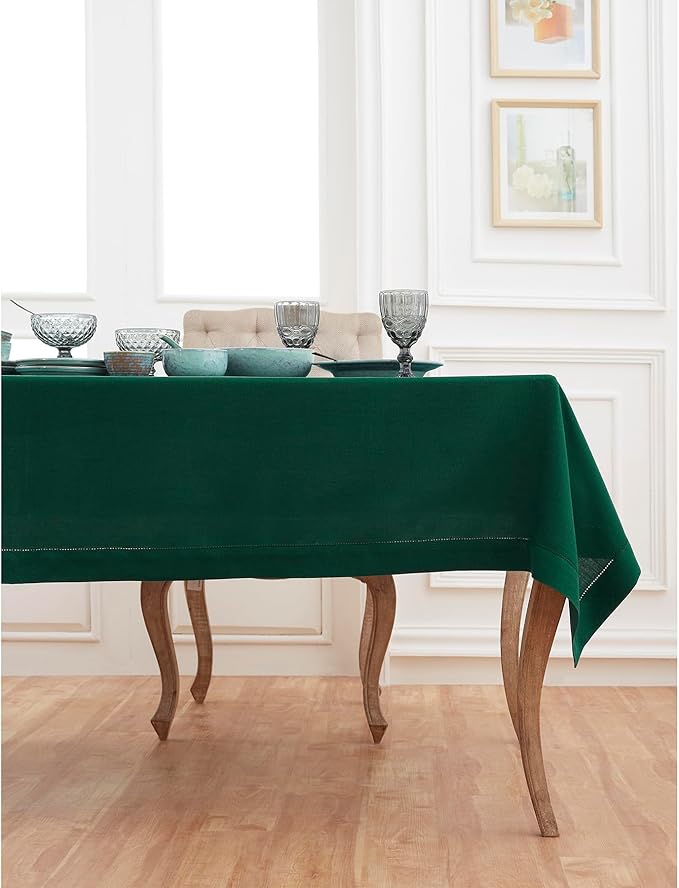 Solino Home Linen Tablecloth for Rectangle Tables 60 x 144 Inch - Classic Hemstitch 100% Pure Linen Rainforest Green Table Cloth - Machine Washable Cloth Tablecloth for Autumn, Thanksgiving, Winter