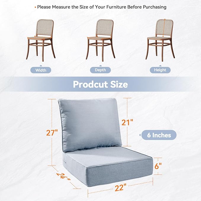 6" Thick Outdoor Cushions 22x24x6, 9-Set Deep Seat Patio Cushions with Removable Cover, Waterproof & Fade Resistant Replacement for Wicker Chair, Loveseat, Sofa - Baby Blue