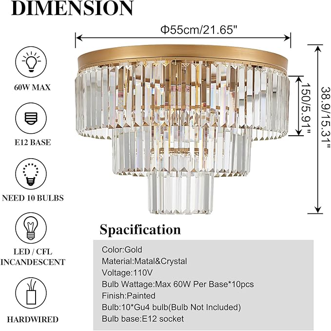 10-Light Gold Crystal Ceiling Light 21.65" Modern Crystal Ceiling Light Fixture 3-Tier Luxury K9 Crystal Flush Mount for Dining Room Kitchen Island Living Room Bedroom Entryway