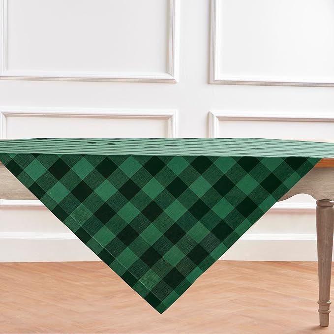 Solino Home Linen Square Tablecloth 52 x 52 Inch - 100% Pure Linen Green and Black Buffalo Check Tablecloth - Machine Washable Table Throw for Christmas, Winter