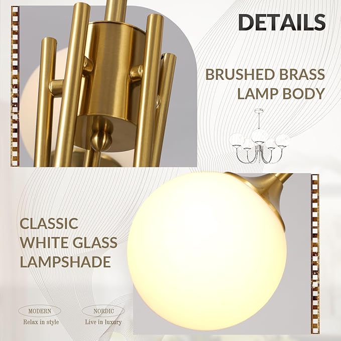 BOKT 5 Light Contemporary Milk White Glass Globe Chandelier Vintage Gold Sputnik Chandelier Light Fixture Adjustable Large Modern Brushed Brass Ball Sputnik Pendant Hanging Light Kitchen Island