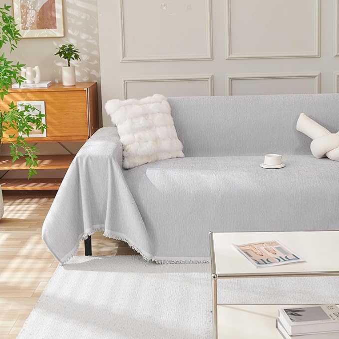DREAMINGO Sofa Covers Washable Thick Chenille Couch Cover for 3 Cushion Couch Sofa Multi-Use Couch Cover Blanket Modern Pet Furniture Protector Sectional Couch Slipcover 91"x134", Light Grey