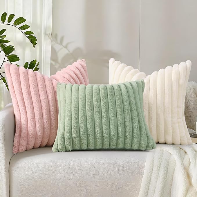 decorUhome Faux Fur Christmas Throw Pillow Covers 22x22 Set of 2, Decorative Soft Plush Striped Neutral Couch Euro Pillow Covers with Velvet Back for Sofa, Bed, Living Room Home Decor, Sage Green