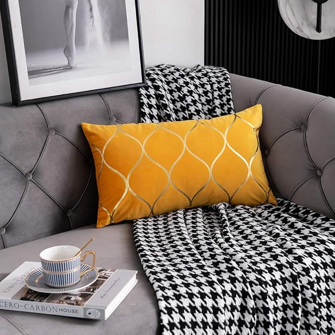 12x20 Inch Gold Velvet Throw Pillow Covers: 2 Pack Rectangular Decorative Pillow Cases for Bedroom Sofa Couch Living Room, Yellow